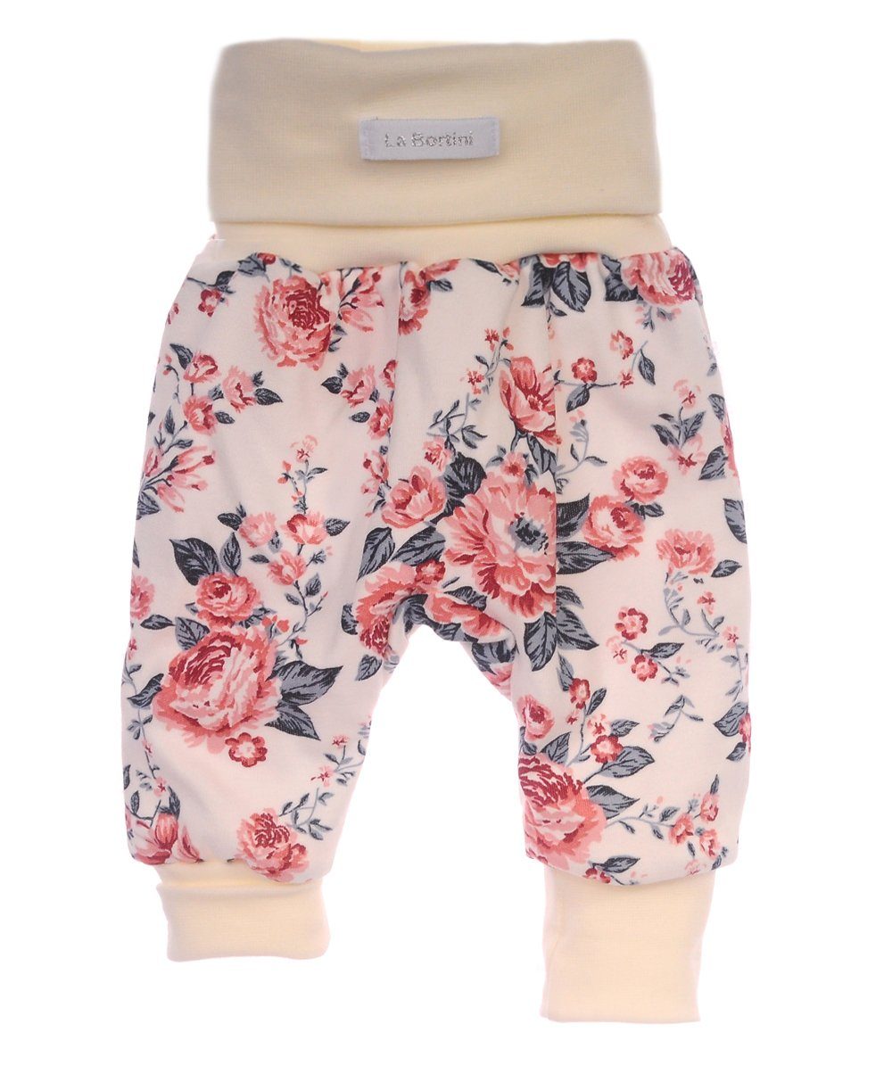 Schlupfhose Baby Hose für Neugeborene mit Blumen Muster in creme