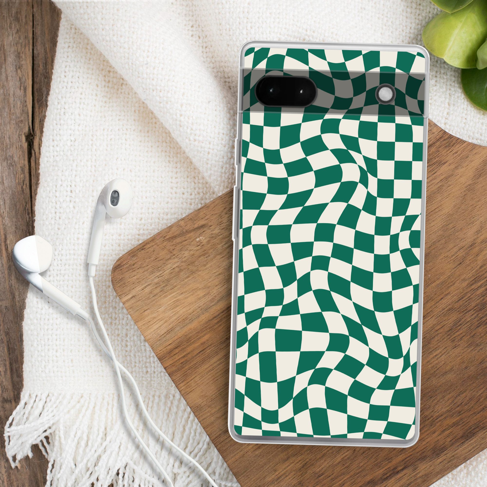 MuchoWow Handyhülle für Google Pixel 6a Gewellte Boxen - Grün - Weiß - Abstrakt, Phone Case, Silikon, Schutzhülle Dünn