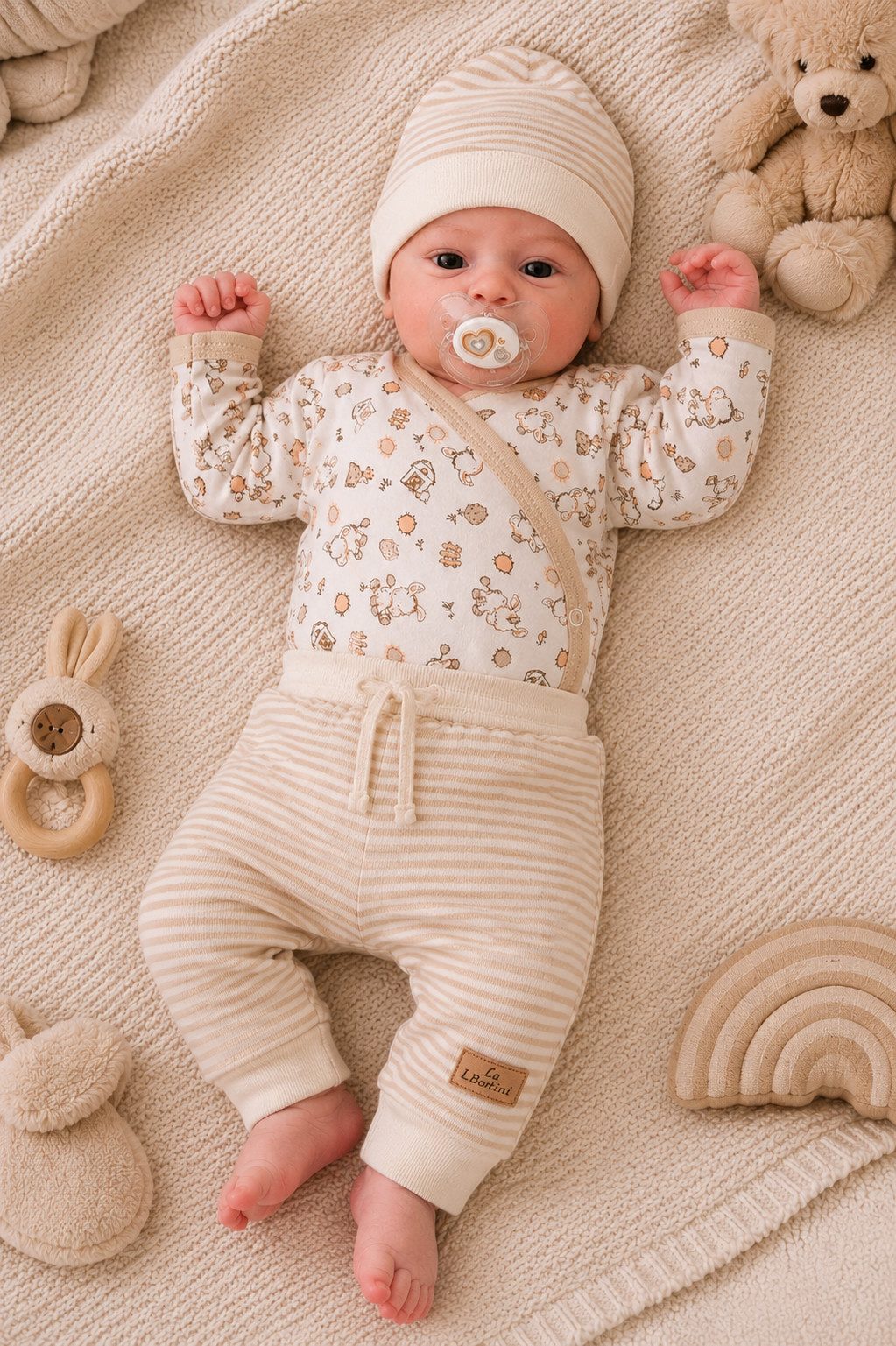 Body & Hose Baby Set Wickelbody Hose Mütze in beige gelb neutral Erstlingsset