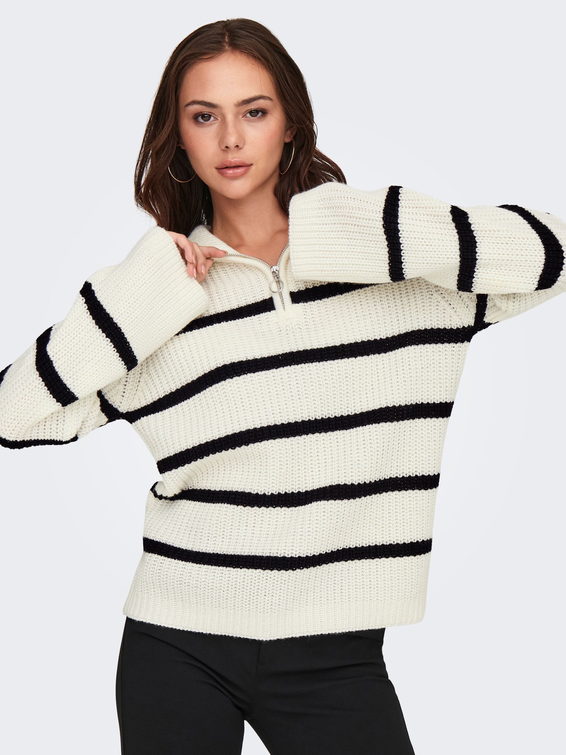 JACQUELINE de YONG Strickpullover Gestreift Troyer Strickpullover Langarm Bequem JDYJUSTY L/S HN ZIP WIDE SLEEVE PULL KNT