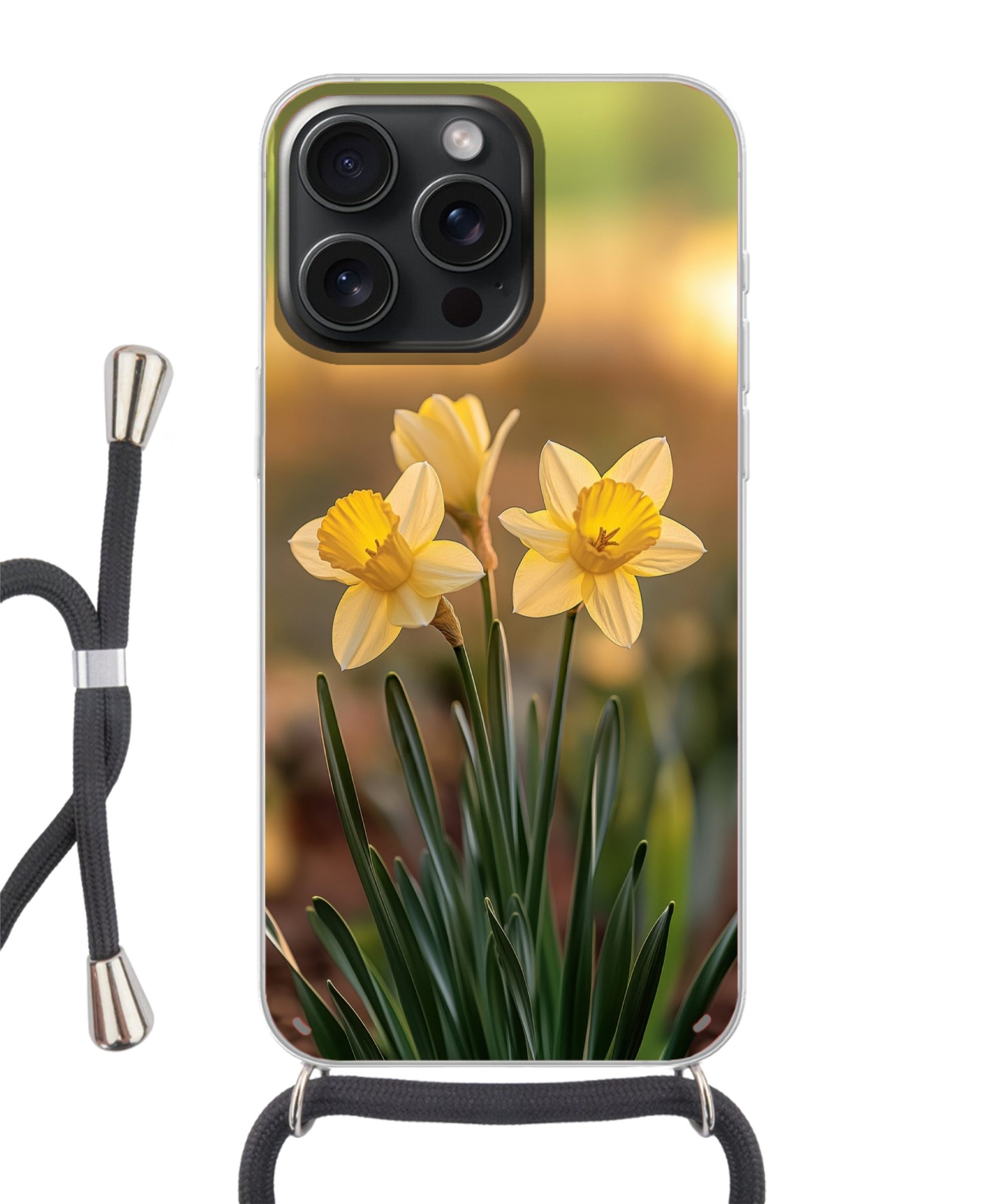 MuchoWow Handyhülle für Apple iPhone 15 Pro Blumen - Gelb - Unscharf, Tragbare Handyhüllen mit Kette zum umhängen, Handykette Handyband