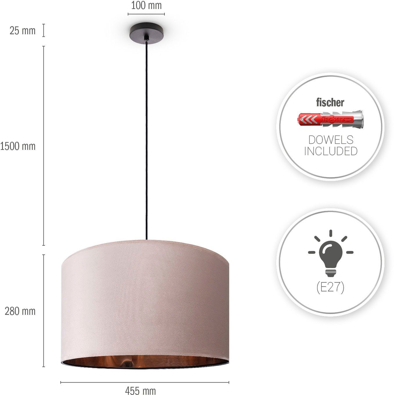 Lampenschirm Wohnzimmer Velour Deko E27 aus uni Paco 1,5m ohne Home Hugo Color, Kabel Unifarben Pendelleuchte Leuchtmittel,