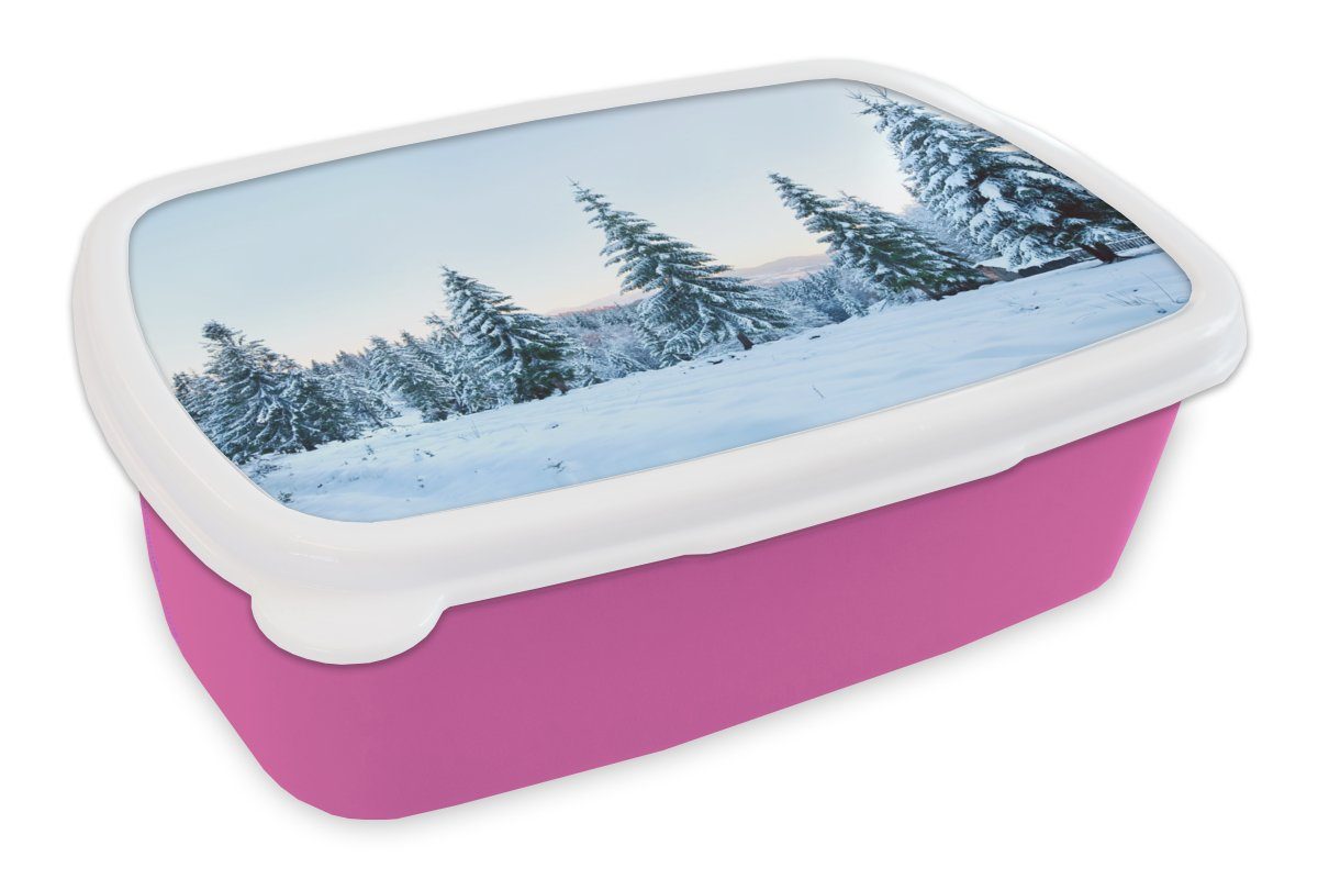 Winter Brotbox für Lunchbox Kunststoff Kinder, Mädchen, Snackbox, (2-tlg), Brotdose - rosa Erwachsene, Kunststoff, MuchoWow Schnee - Bäume,