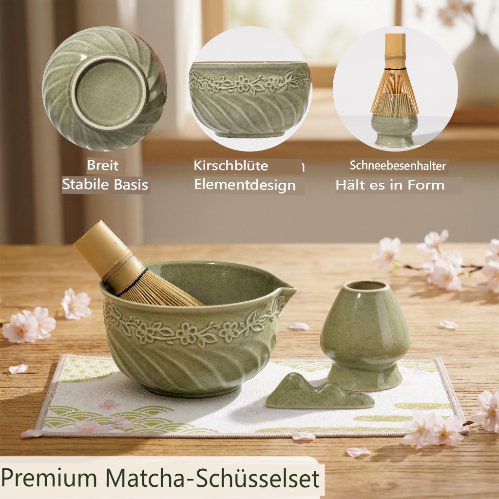 VONATES Teeservice 9-teilig Matcha Set mit Matcha-Schale, Bambus-Besener & Halter, Sieb, Löffel, Tuch, Eisform, aus Bambus und Keramik für Teezeremonie – Bild 2 von 5