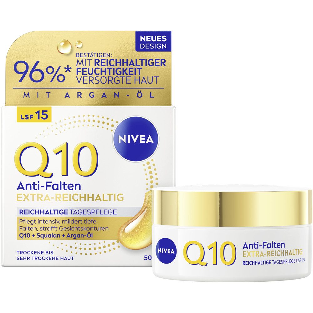 Nivea Tagescreme Q10 ANTI-FALTEN EXTRA-REICHHALTIG TAGESPFLEGE LSF 15, spendet intensive Feuchtigkeit für 24 Stunden