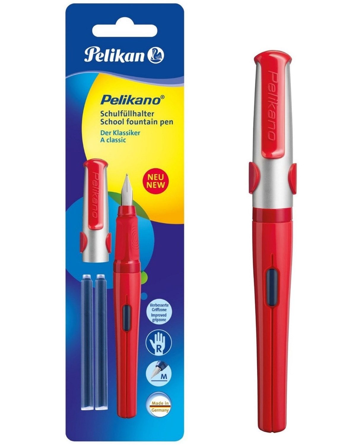 Pelikan Marker Pelikano P480 Füller Feder M Rot 2x Patrone, Rechtshänder Schulfüller Ergonomisch Spezial-Griffzone