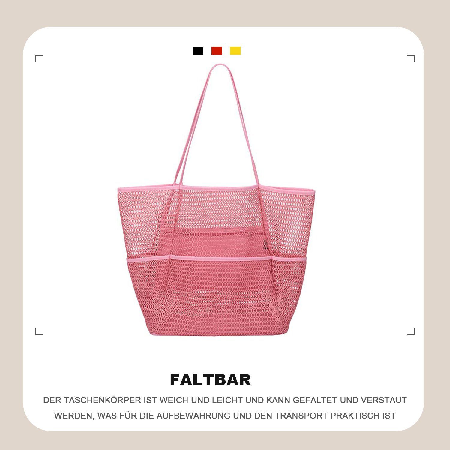 MAGICSHE Trachtentasche Netz-Strandtasche mit Einkaufstasche zusammenklappbare für mit Reißverschluss, Reisen Khaki den Strand-Familienkäufer Innentasche