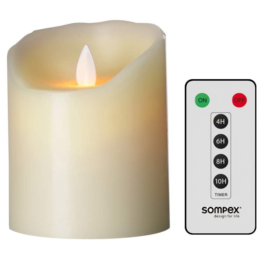 SOMPEX LED-Kerze Flame LED Kerze elfenbein 10cm mit Fernbedienung (Set,  2-tlg., 1 Kerze, Höhe 10cm, Durchmesser 8cm, 1 Fernbedienung),  fernbedienbar, integrierter Timer, Echtwachs, täuschend echtes Kerzenlicht,  optimales Set für den Adventskranz