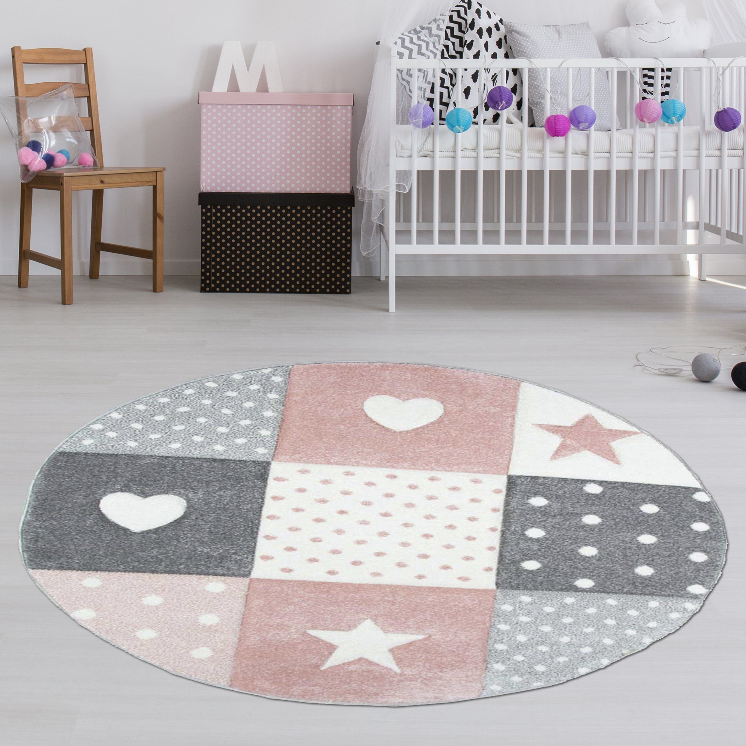 TeppichHome24 Kinderteppich Kinderteppich mit Herz Stern in Rosa Weiss Grau, Rund, Höhe: 1.3 mm
