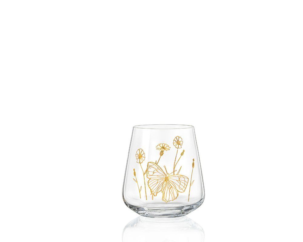 Crystalex Glas Becher Wassergläser Glas Wild Flowers Kristallgläser Schmetterling, Kristallglas, Pantografie in Gold mit Schmetterling Bohemia 400 ml 6er Set