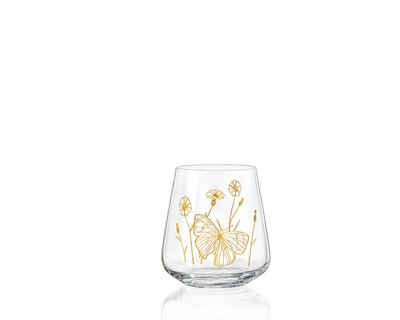 Crystalex Glas Becher Wassergläser Glas Wild Flowers Kristallgläser Schmetterling, Kristallglas, Pantografie in Gold mit Schmetterling Bohemia 400 ml 6er Set
