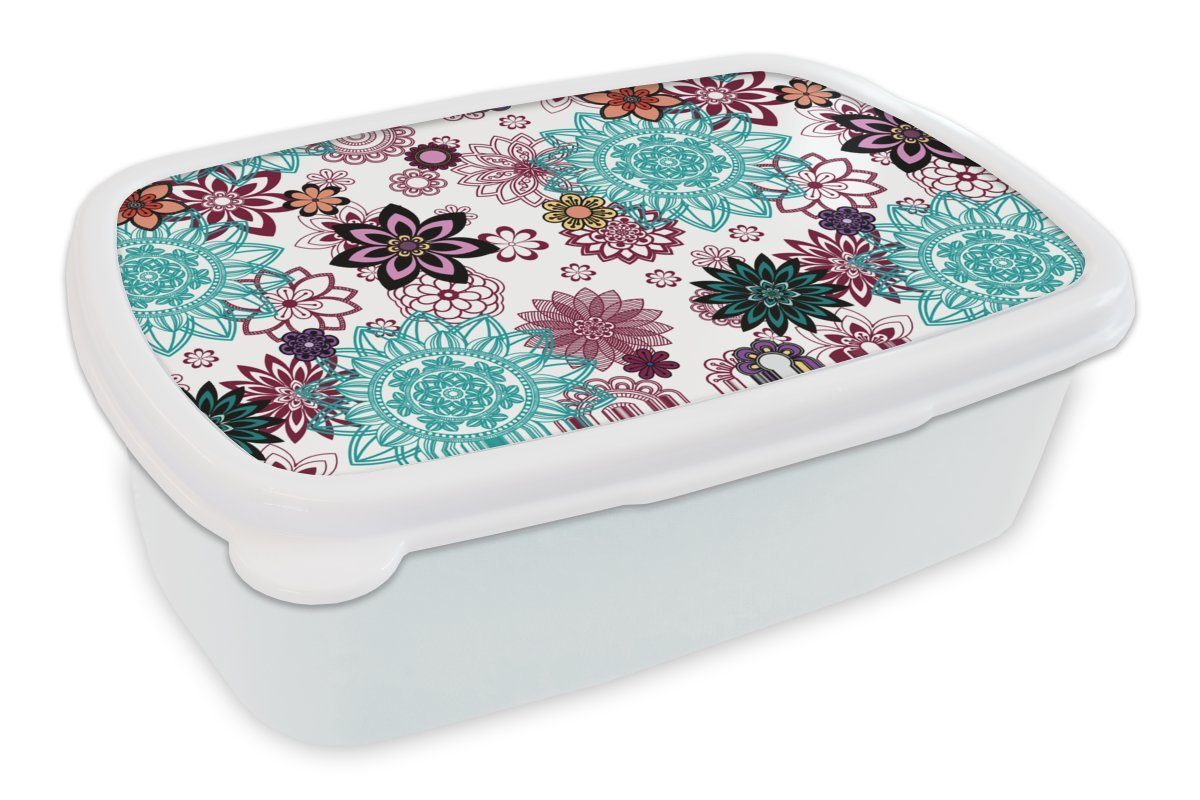 - Kinder für Blumen Mädchen weiß Brotbox Lunchbox für Muster, Brotdose, (2-tlg), Mandala und - Erwachsene, MuchoWow Kunststoff, Jungs und