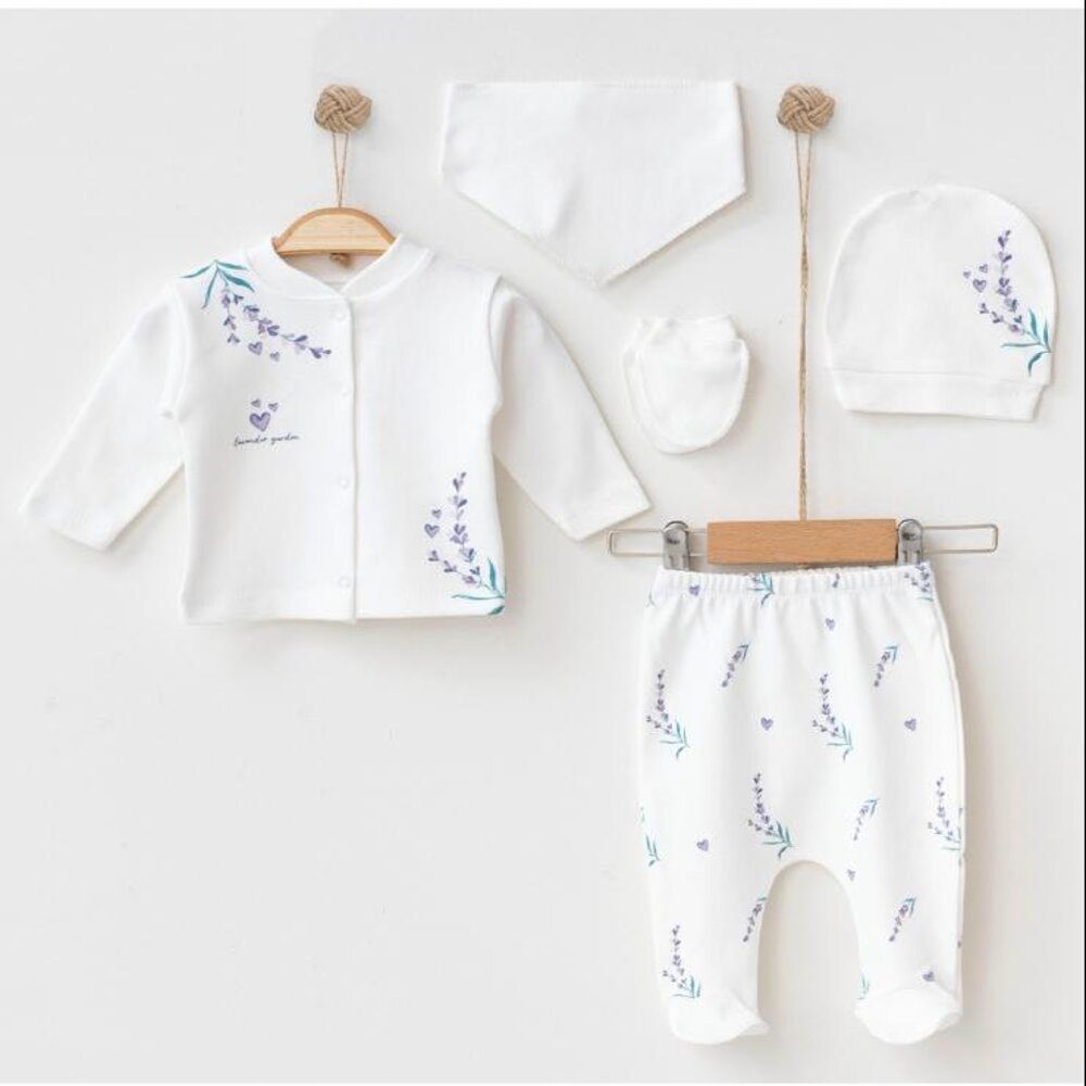 Engelbaby Erstausstattungspaket Erstausstattungs-Set Geburt mit Motiv 5-teilige 100% Baumwolle (Set, 5-tlg., Hose, Langarm, Lätzchen, Mütze, Handschuhe) Erstausstattung 100% Baumwolle blumen bedruckt 0-3 M 5-teilig
