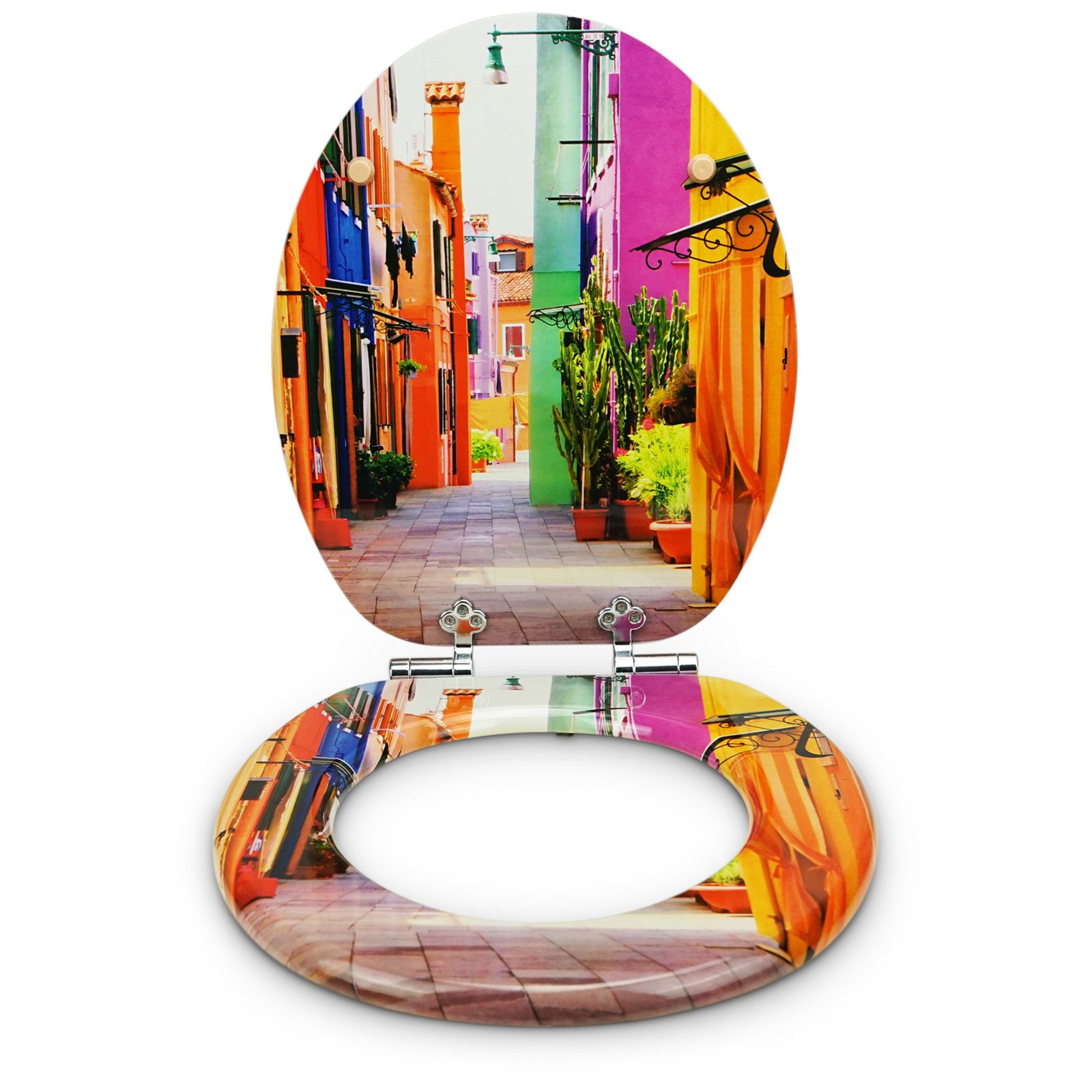 Sanfino WC-Sitz „Colorful Houses“ hochwertiger Toilettendeckel mit Absenkautomatik, aus Holz, viele bunte Motive, hoher Sitzkomfort, einfache Montage – Bild 3 von 5