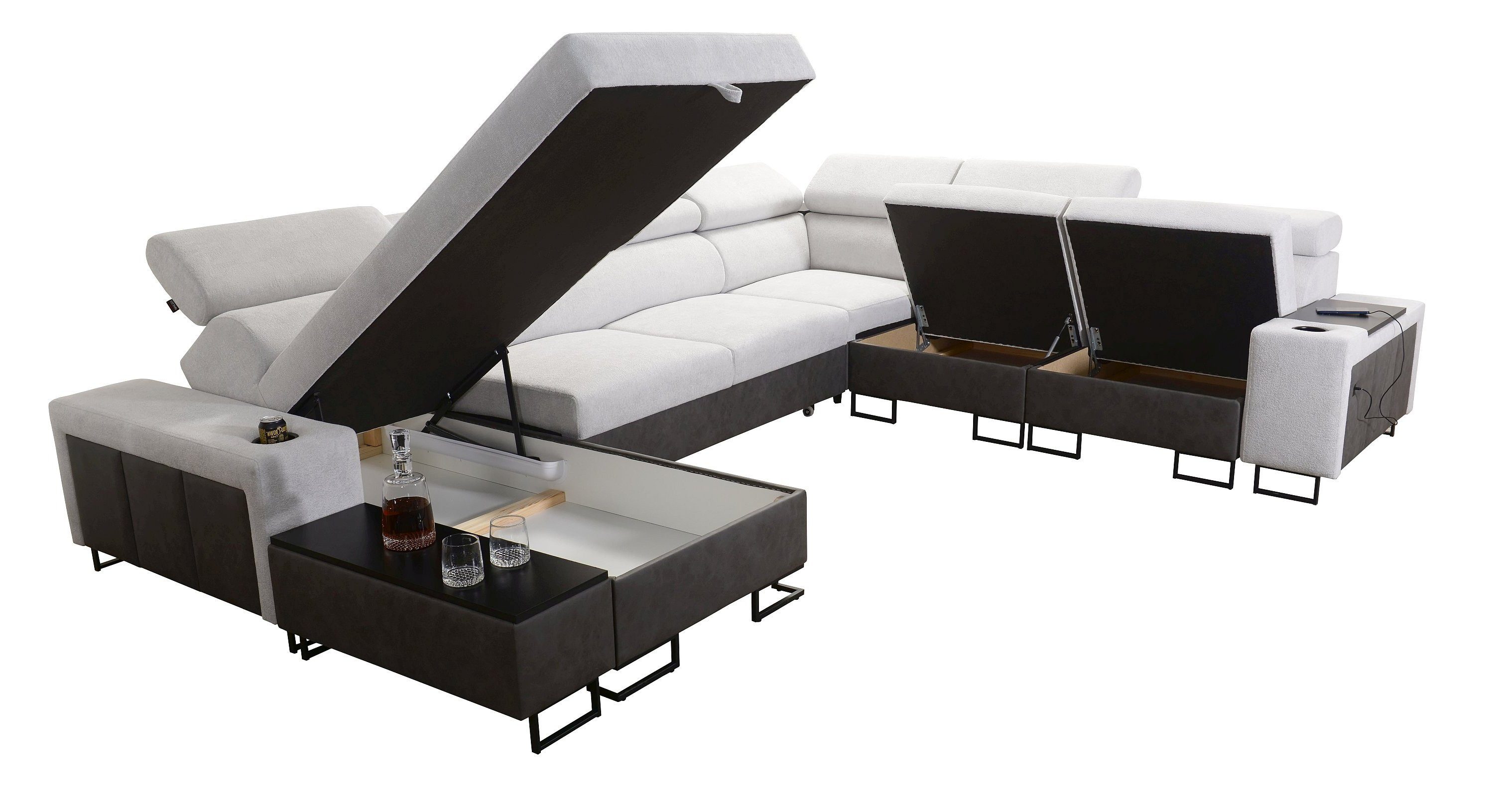 Möbel für Dich Wohnlandschaft XXL Melody VIII in U Form, mit Ablagen, Becherhalter, USB-Ladebüchse, Beistelltisch, 3 Bettkästen