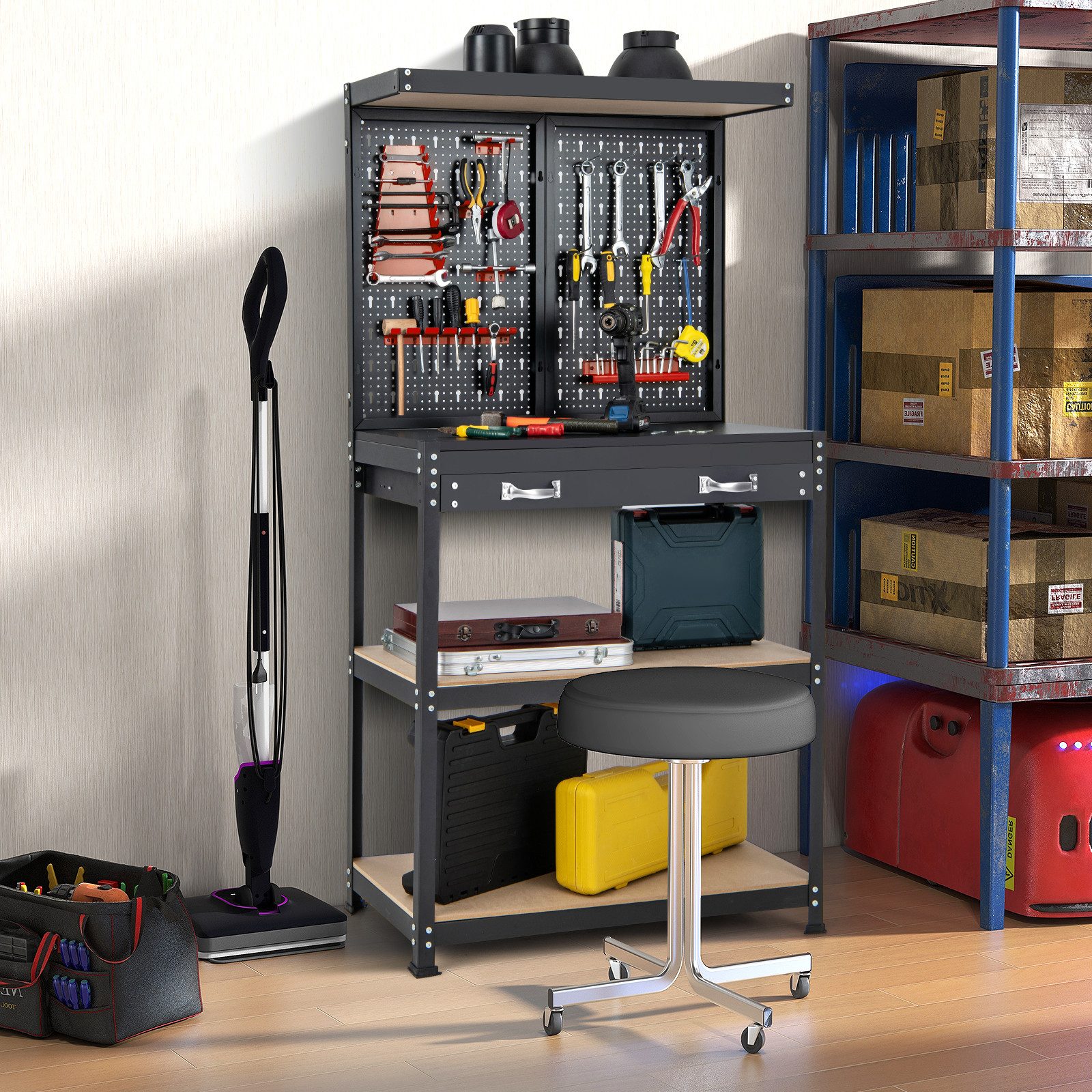 COSTWAY Arbeitstisch, mit 13 Zubehörteile, Lochwand & Schublade 81x41x155cm