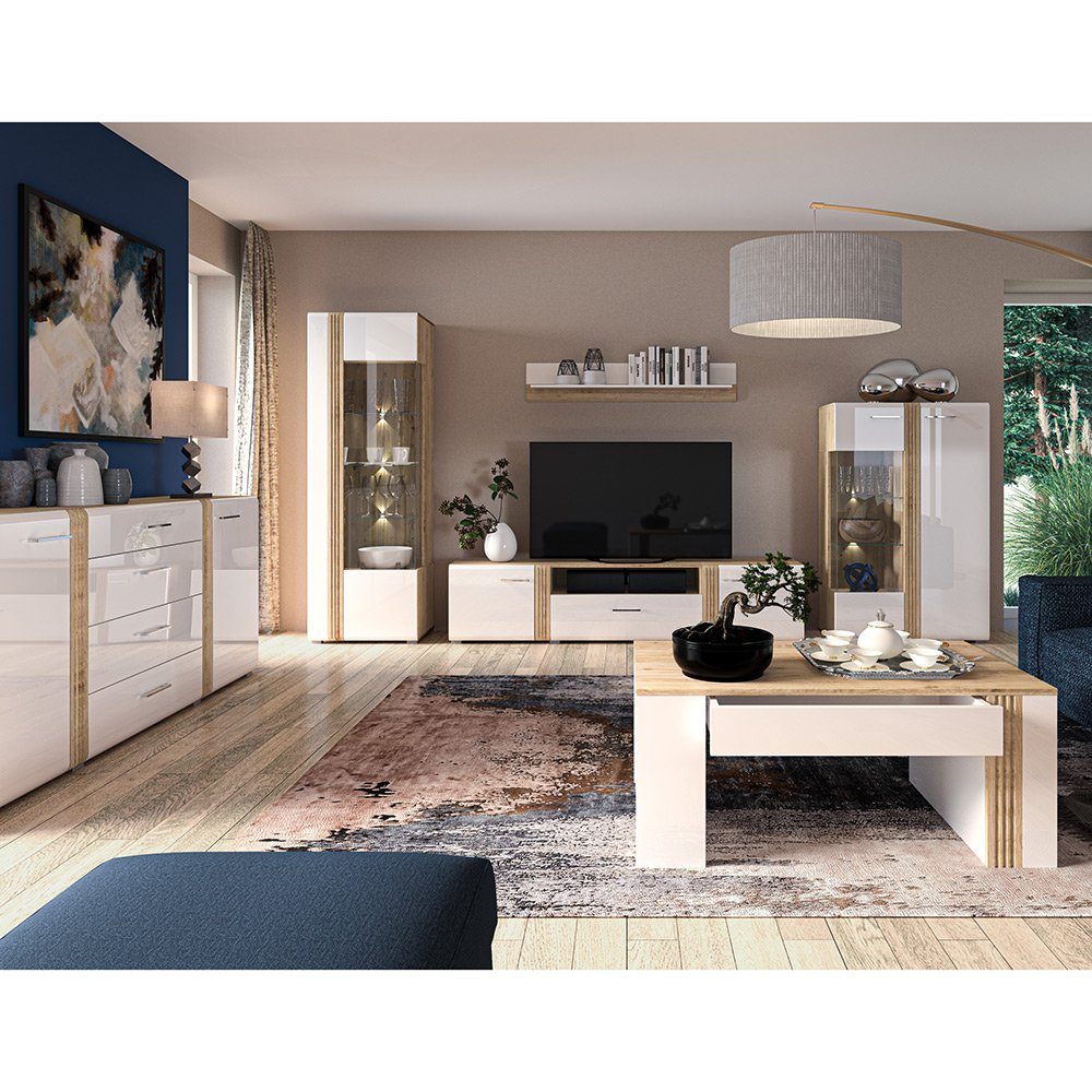 Lomadox Wohnzimmer-Set AKRON-131, (Mega-Spar-Set, 6-St., 6-tlg), Wohnzimmermöbel Vitrine, Highboard, Lowboard, Sideboard, Couchtisch