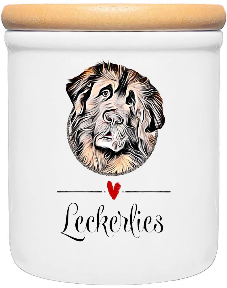 Cadouri Vorratsdose LEONBERGER - Leckerlidose Hund - für Hundekekse, Keramik, (Leckerlidose mit Hunderasse, 2-tlg., 1x Keramikdose mit Holzdeckel), Hundekeksdose, handgefertigt in Deutschland, für Hundebesitzer, 400 ml