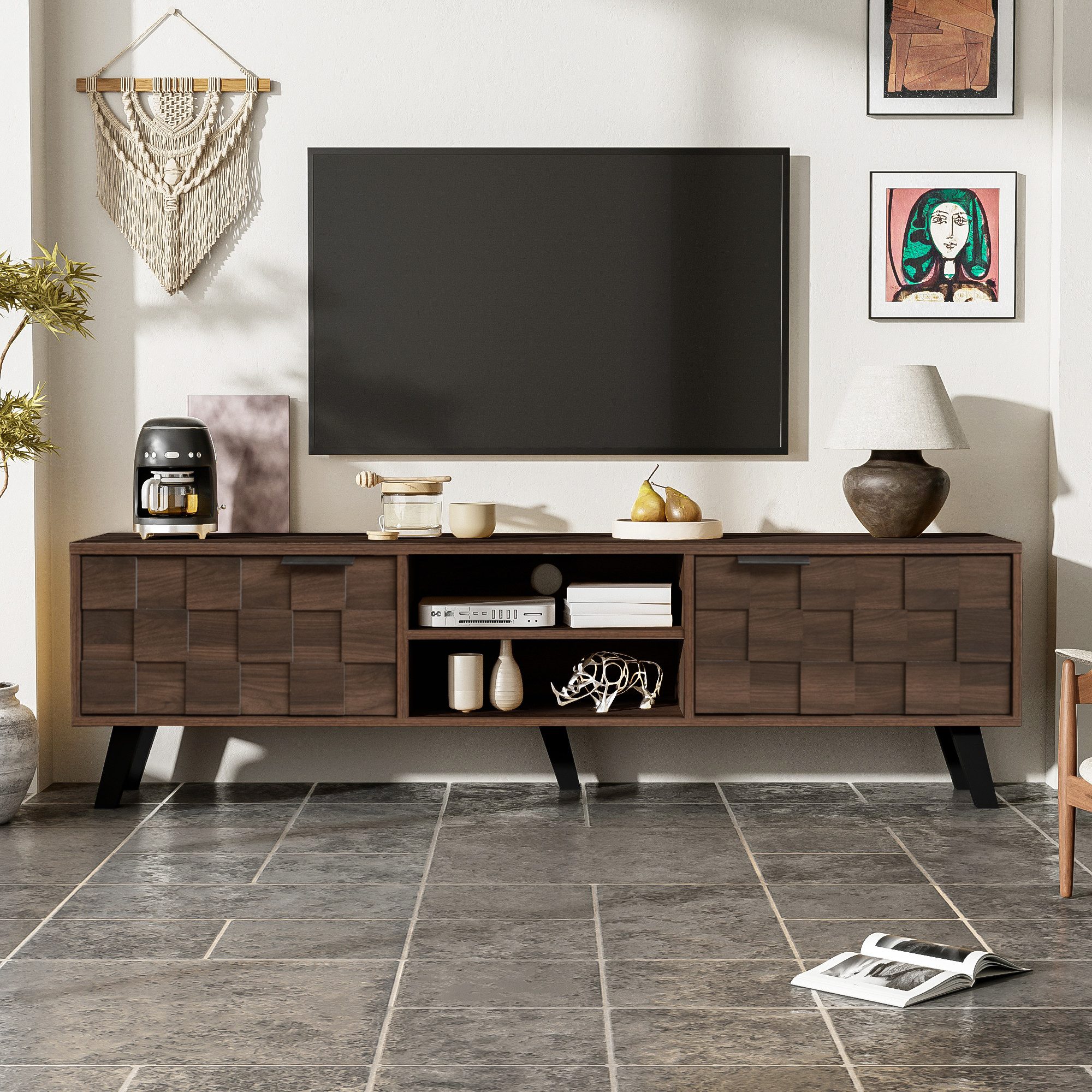 KLAM HOME Lowboard Modernes Lowboard In Dunkler Holzmaserung Mit 2 Türen (1 günstig online kaufen