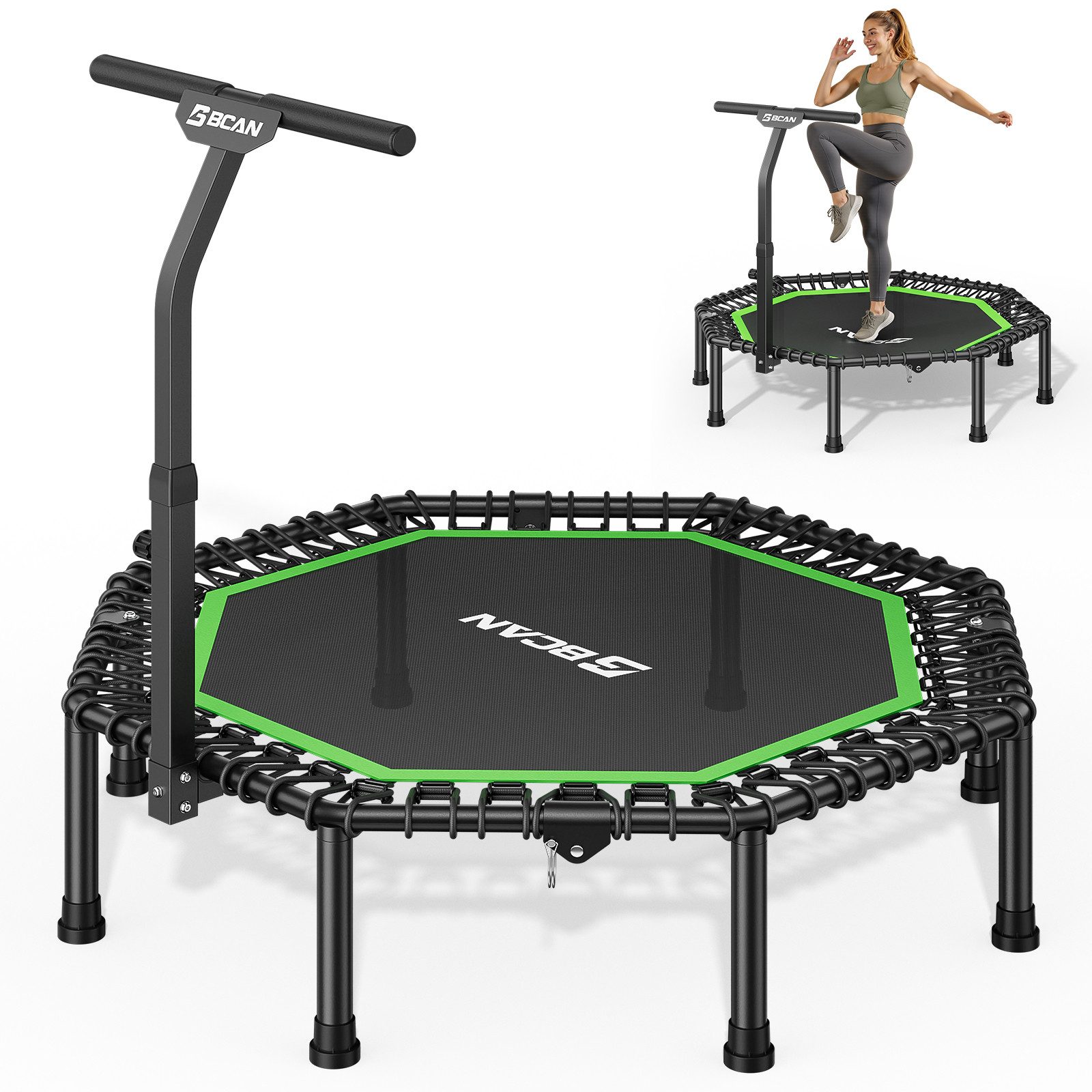 BCAN Fitnesstrampolin Trampolin Ø130cm, 250kg, T-Griff, 42 Seile, leise vibrationsarm, Ø 130 cm, (1 tlg)