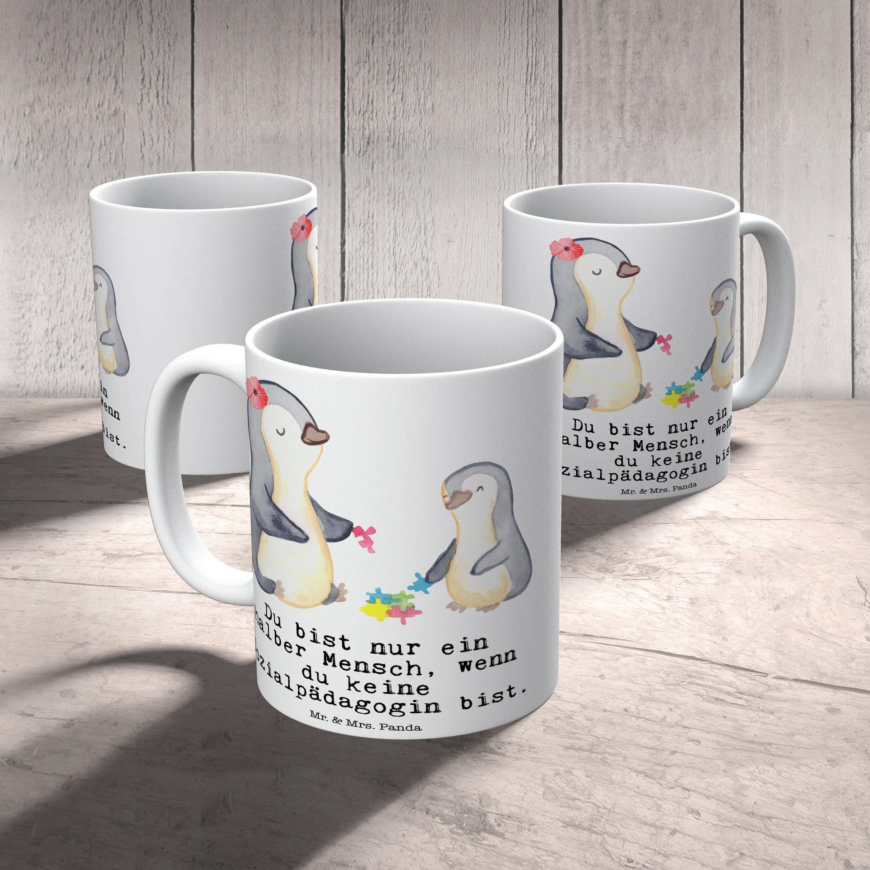 Mr. & Geschenk, Tasse Mrs. Weiß Herz - Arbeitskolle, Keramik Panda Kaffeetasse, - mit Sozialpädagogin