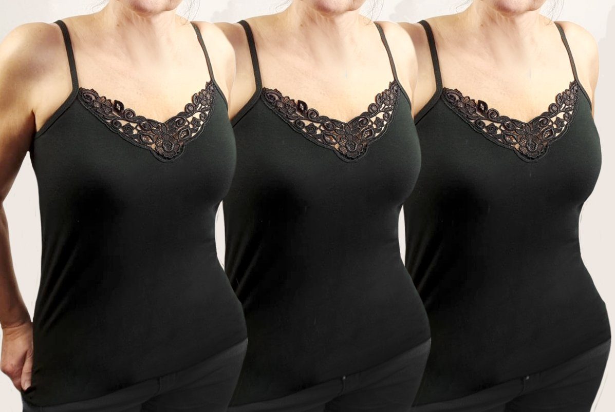 Toker Collection® Unterhemd Damen Unterhemd schwarz Spaghetti Träger 3 Stück (3er Set, 3 Stück = 1 Preis) aus reiner Baumwolle, 3 Stück ein Preis
