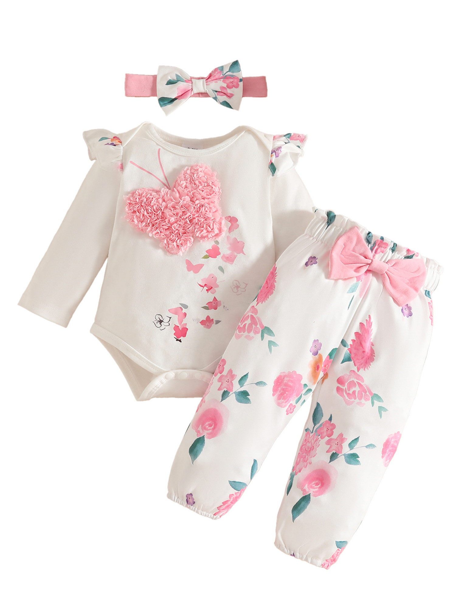 Lapastyle Shirt, Leggings & Haarband Baby Mädchen Langarm Body Strampler Rüschen Blumen Hosen+Stirnband Set (3-tlg) Einfarbige Pullover Strampler Top Babykleidung Outfit, 0-18 Monate