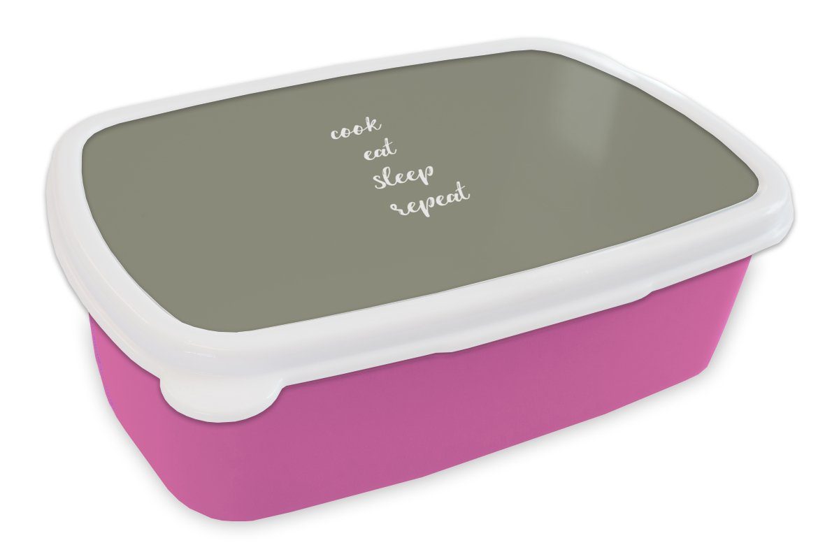 MuchoWow Lunchbox Sprichwörter - Kochen Essen Schlafen Wiederholen - Zitate, Kunststoff, (2-tlg), Brotbox für Erwachsene, Brotdose Kinder, Snackbox, Mädchen, Kunststoff rosa