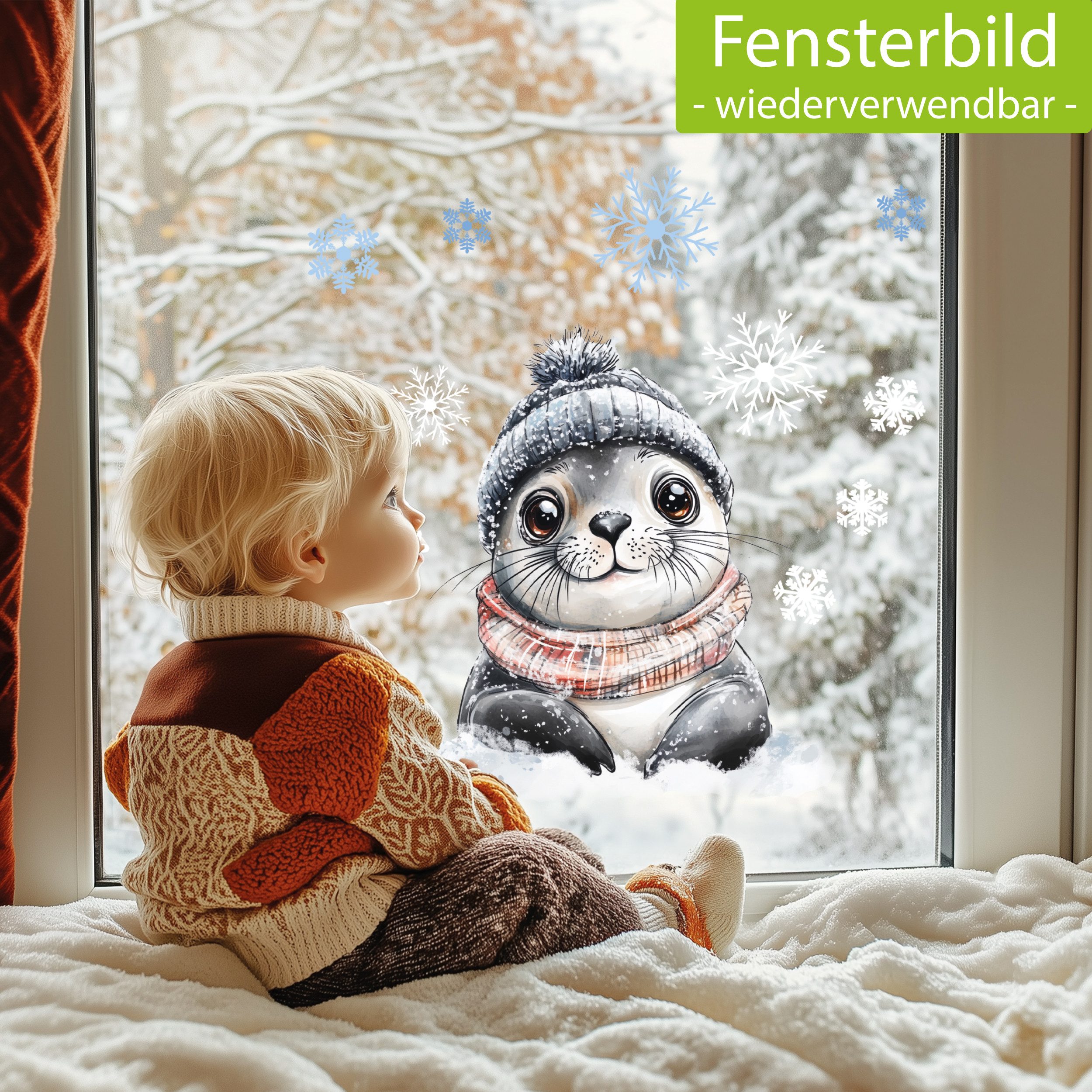 Sunnywall Fensterdekoration wiederverwendbares Fensterbild Winter Robbe, günstig online kaufen