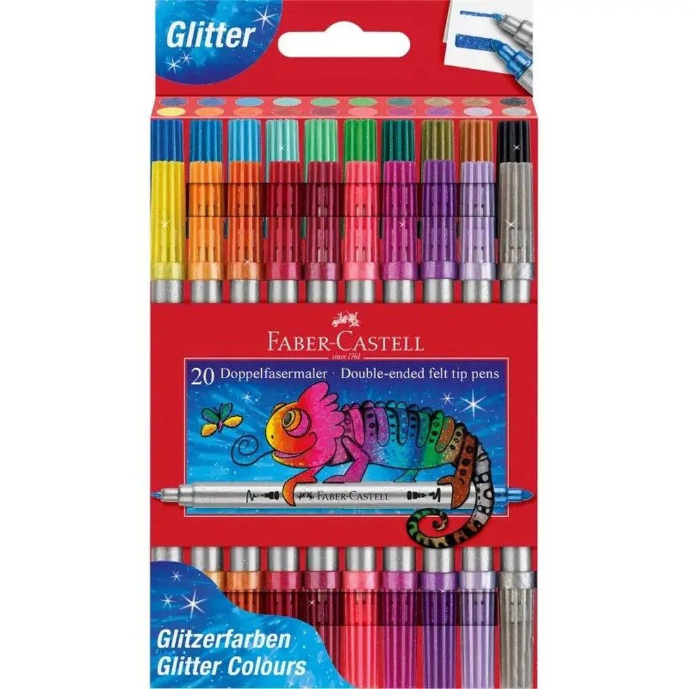 Faber-Castell Faserstift Doppelfasermaler Set mit Glitzereffekt 20 Stück, Schimmernder Glanz