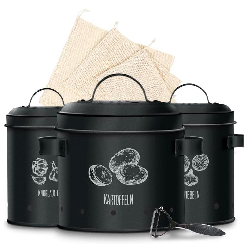 KitchenQuality Vorratsdose Kartoffelaufbewahrungsbox 3er-Set aus Metall inkl. Schäler & Beutel, Metall, 22,2×21,5, 13,8×19, 11,5×17 cm für Kartoffeln, Zwiebeln & Knoblauch