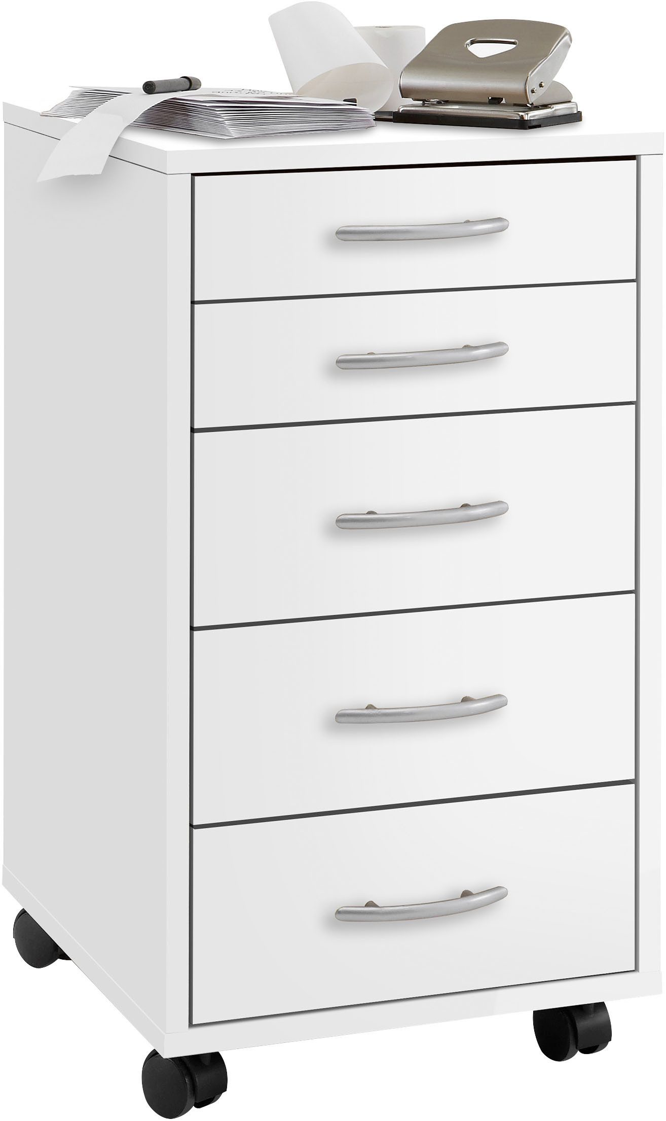FMD Rollcontainer Freddy, Büroaufbwahrung mit 5 Schubkästen auf Rollen, 63 cm hoch