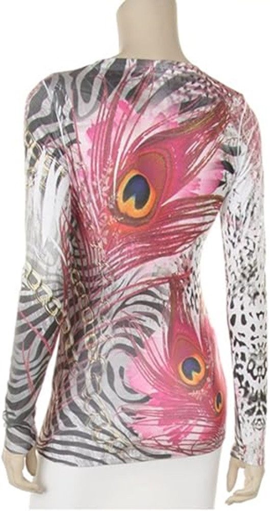 Koucla Langarmshirt animal print Shirt weiß pink mit Strass Strass Besatz