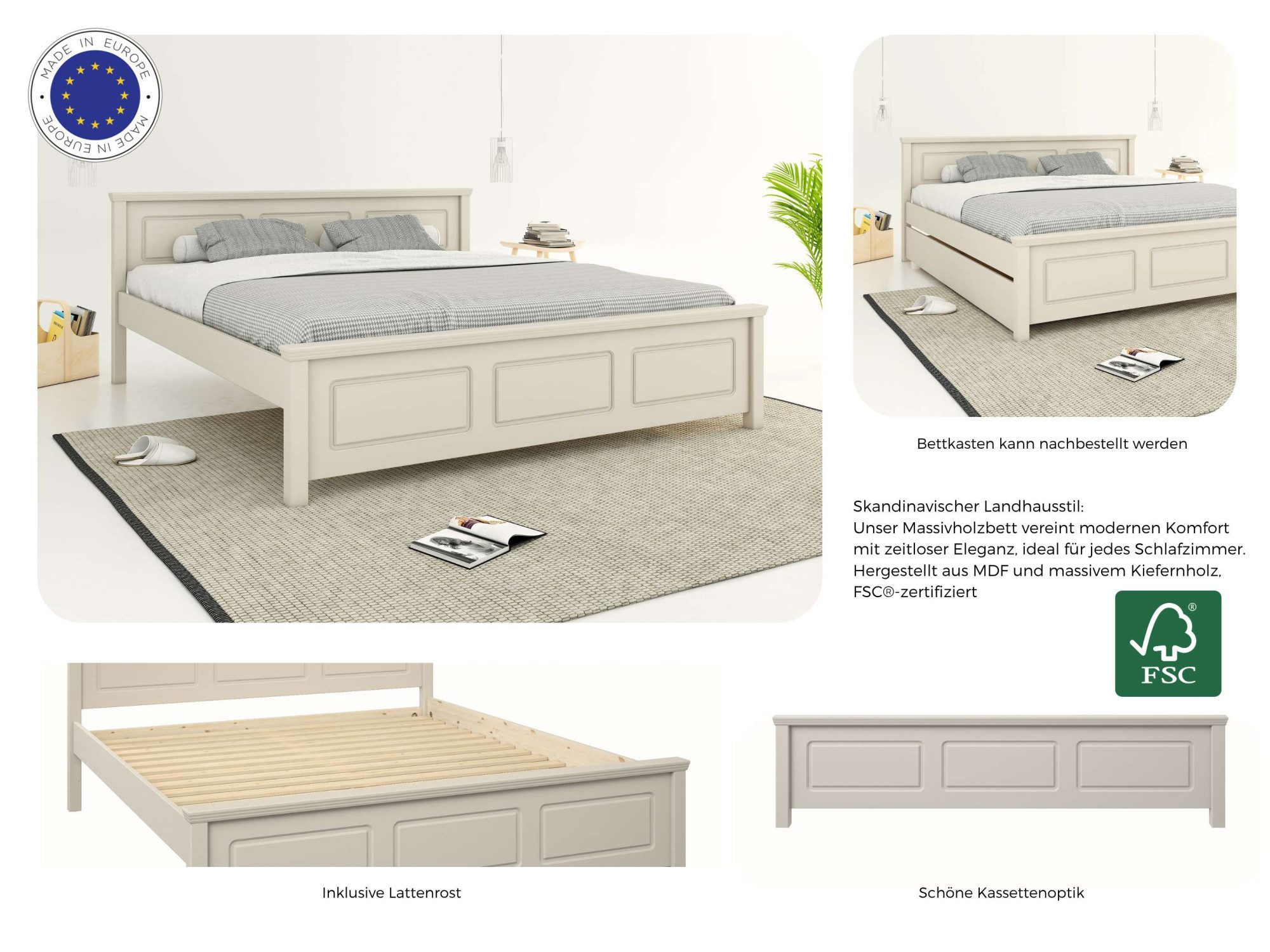 OTTO home Massivholzbett ERIKK', Made in Europe, optional mit Schublade, Massivholz Kiefer (FSC® zertifiziert), in mehreren Größen, Landhausstil mit Kassettenoptik