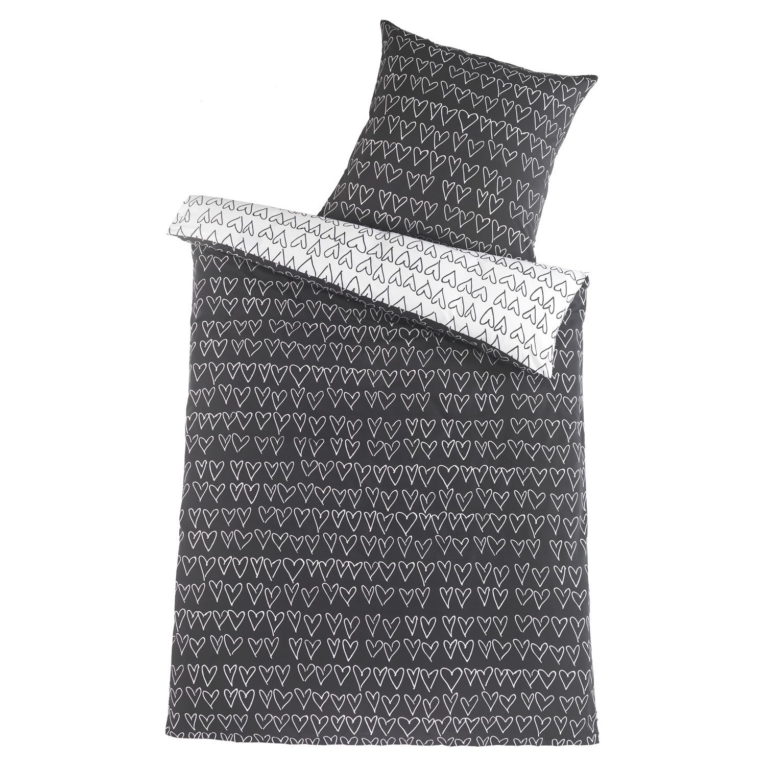 Holiday Heimtex Wendebettwäsche HEARTY, 135 x 200 cm, Schwarz, Weiß, 2-teilig, Mikrofaser, Herzmuster, mit Reißverschluss, Waschbar bis 60 °C