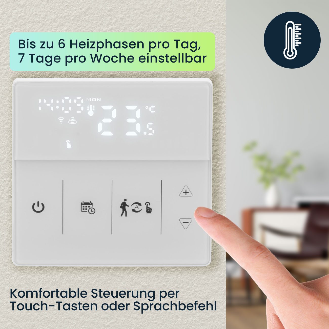 Casativo Raumthermostat WLAN Thermostat Touchscreen-Display für Fußbodenheizung programmierbar, Netzbetrieb, (4-St., 1er-Set & 2er-Set & 4er-Set), App & Sprachsteuerung/3 Programm-Modi/Frostschutz-Automatik