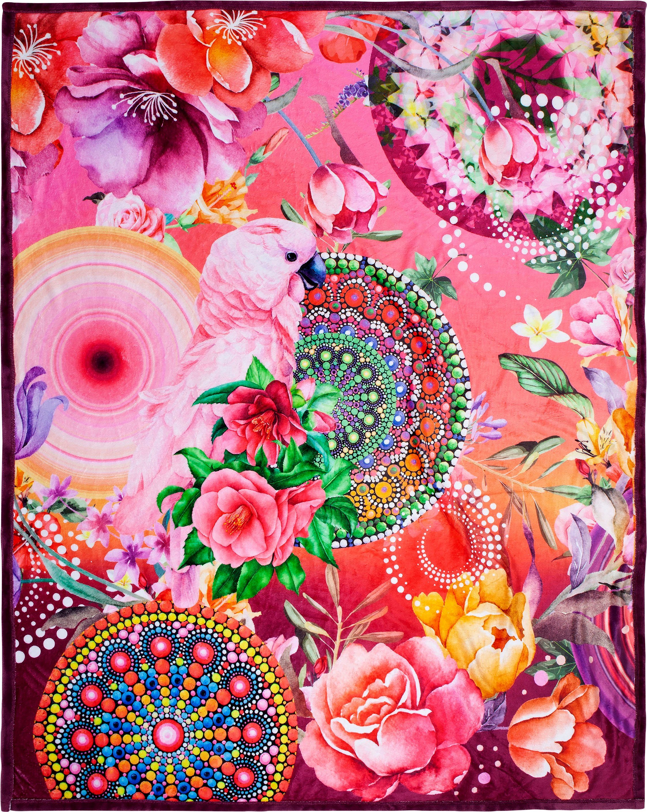 Plaid Nevine, hip, mit Mandalas und Blumen, Kuscheldecke, Unifarbene  Rückseite in bordeaux