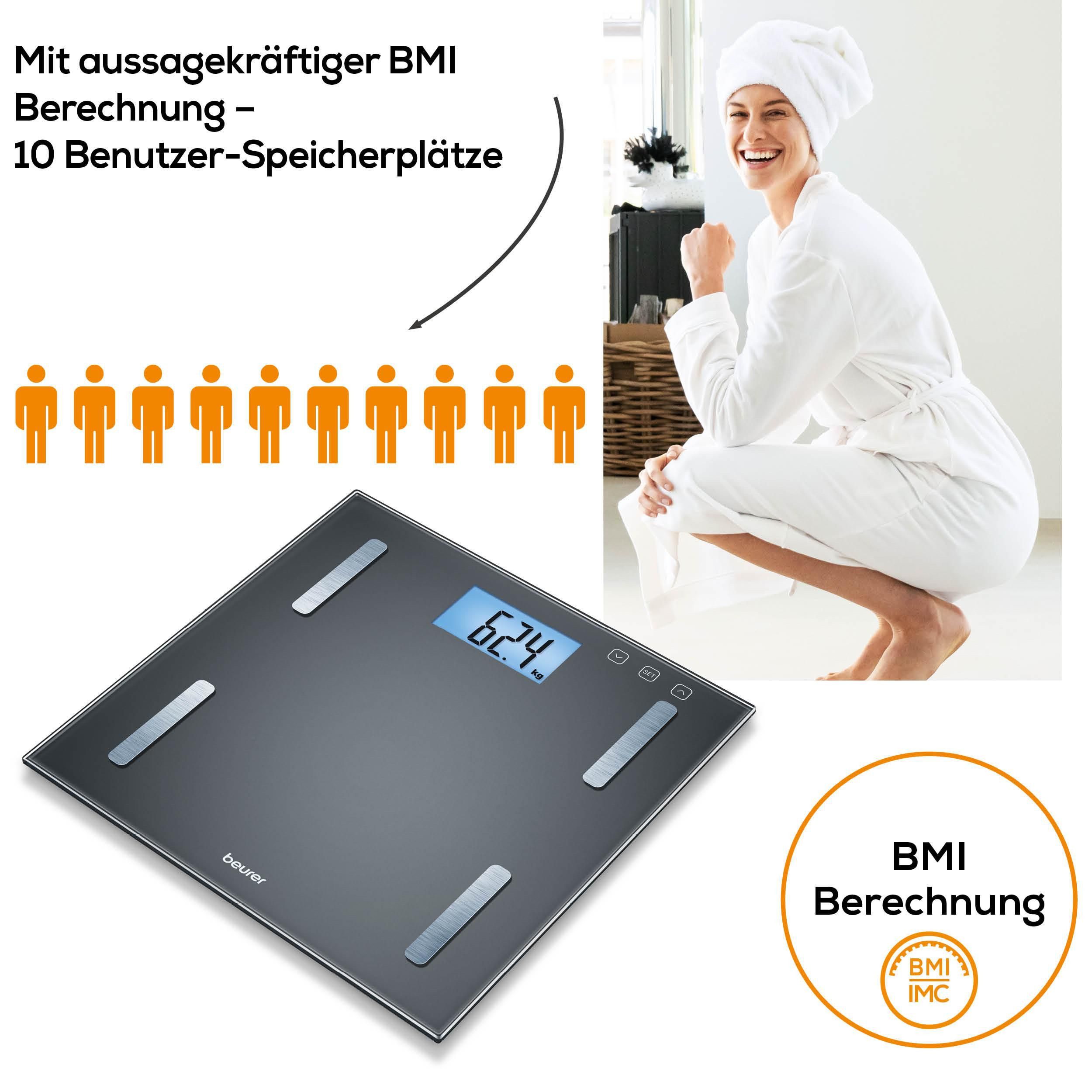 BEURER Körper-Analyse-Waage BF 180 zur Ermittlung der Körperwerte, Tragkraft mit 180 kg, Elektroden aus gebürstetem Edelstahl – Bild 4 von 5