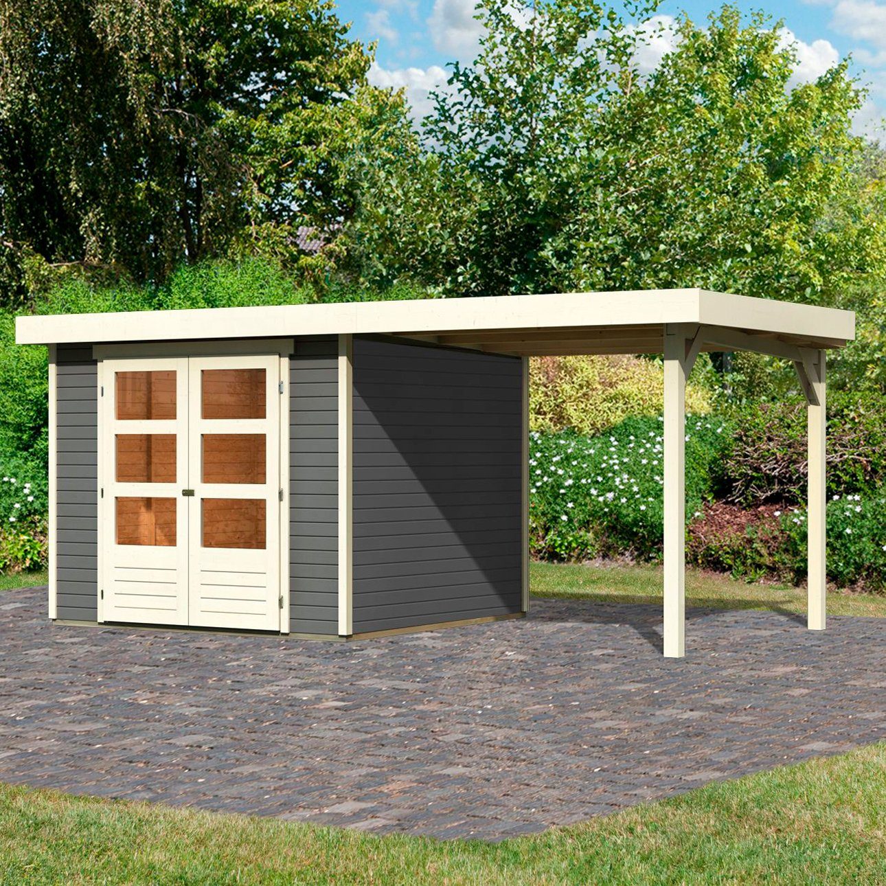 Karibu Gartenhaus Arnis 3,5, BxT: 266x262 cm, (Set), mit Anbaudach 2,40 cm Breite