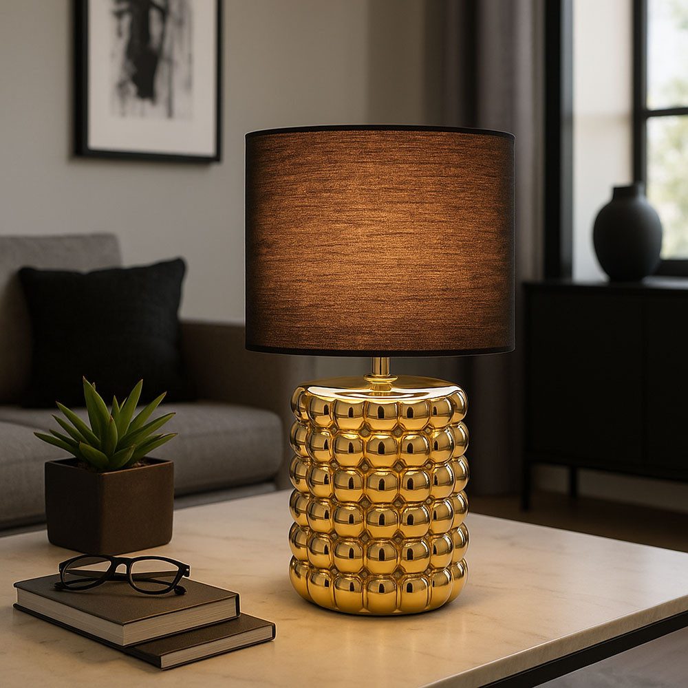 GLOBO LIGHTING Tischleuchte, Leuchtmittel nicht inklusive, Tischlampe Tischleuchte Nachttischlampe Keramik gold Textil schwarz 2x