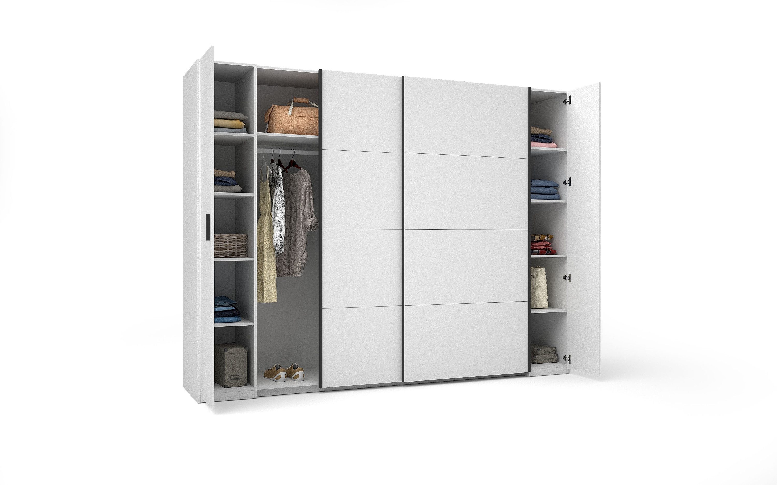 Raumhirsch Furniture Kleiderschrank Schwebetürenschrank, Schrank mit viel Stauraum, Garderobenschrank (Maße: 269,6 x 207,6 x 61,4 cm (weißer Korpus, schwarze Griffe) 2 Schiebetüren, 2 Drehtüren, modernes Design