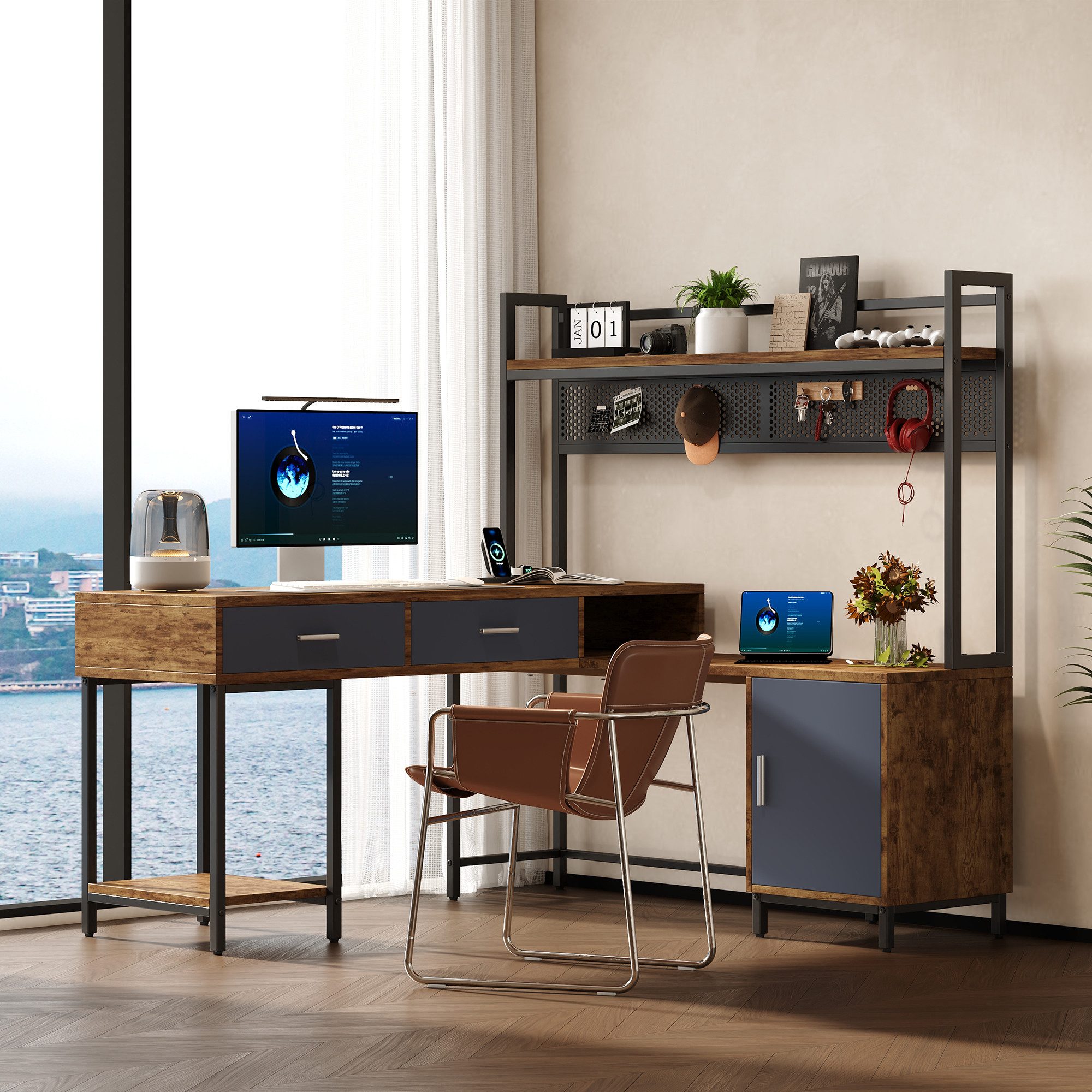 Flieks Schreibtisch L-förmiger Gamingtisch im Industriestil, Stahl- und Holzkonstruktion (140x140x135 cm, rostfreies Metallgestell), Regal-Schreibtisch mit Lochwand und Schubladen Eck-Computertisch