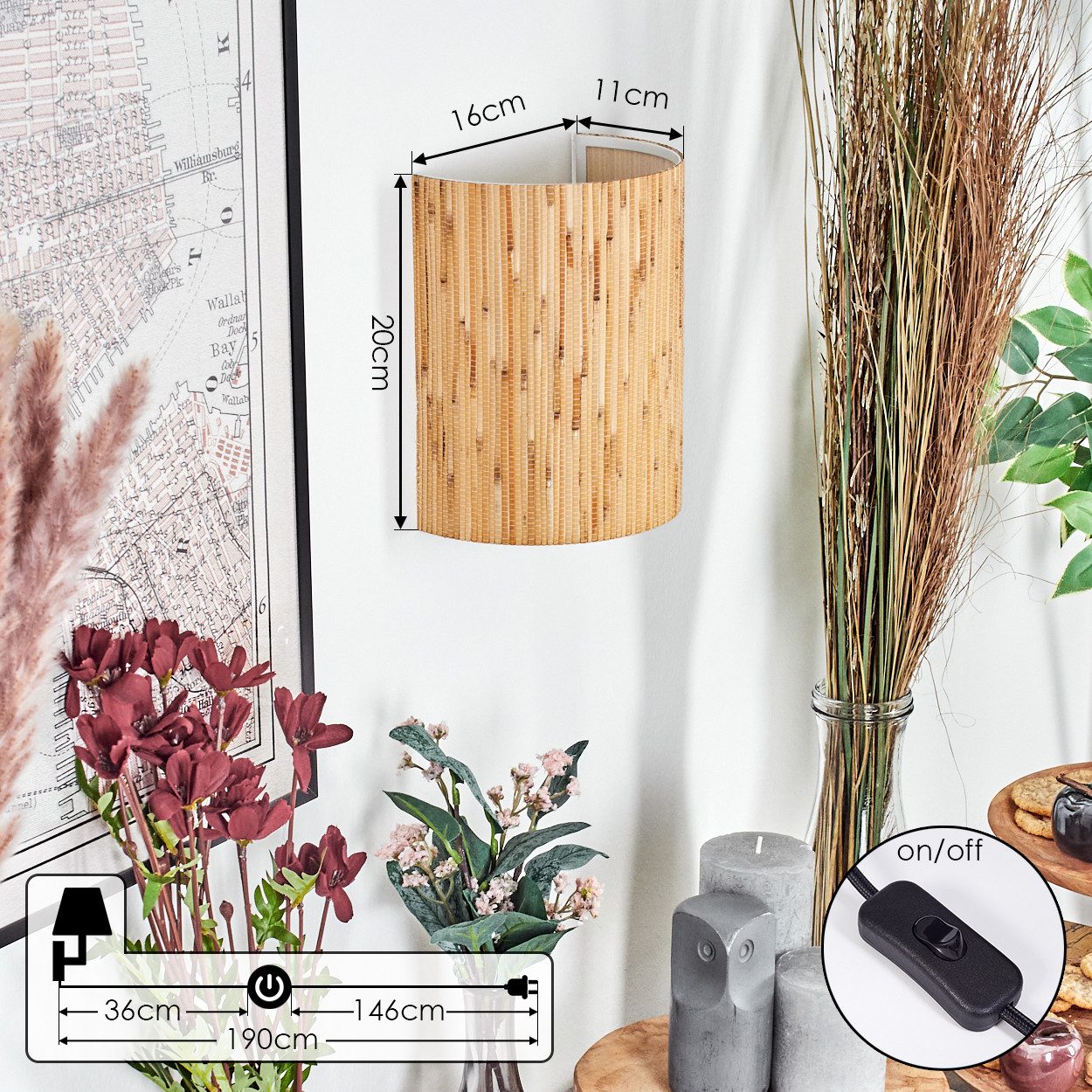 hofstein Wandleuchte Wandlampe aus Metall/Bambus in Schwarz/Natur mit Lichteffekt, Wandleuchte Boho-Design, Stecker u. Schalter, abnehmbares Kabel, E27
