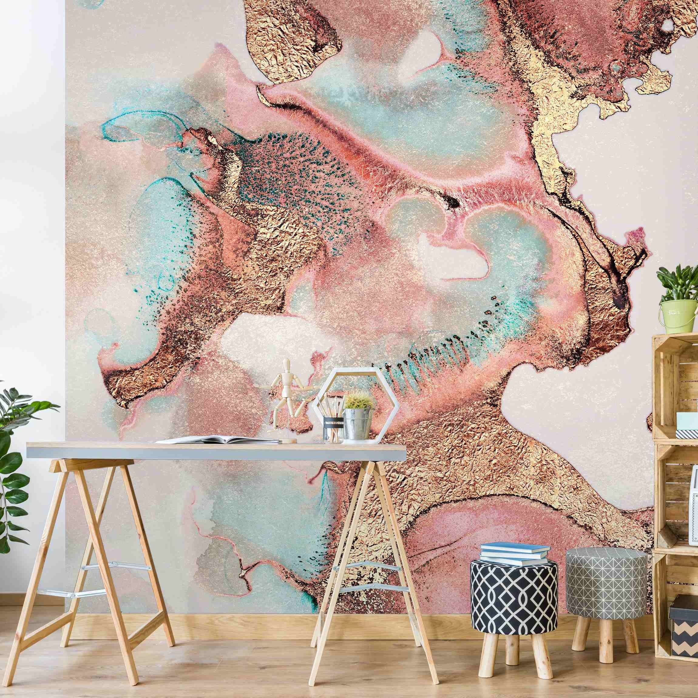 Bilderdepot24 Vliestapete Abstrakt Goldenes Aquarell Rosé Tapete Wanddeko Modern Kunst, Glatt, Matt, (Vliestapete inkl. Kleister oder selbstklebend), Wohnzimmer Schlafzimmer Küche Flur Fototapete Motivtapete Wandtapete