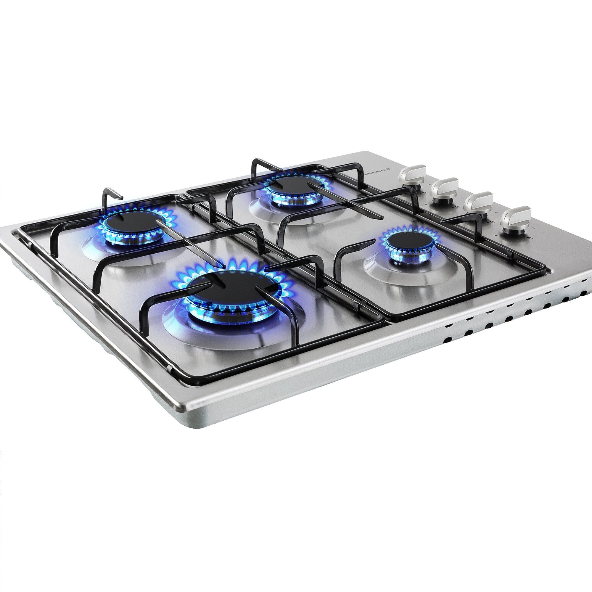 Arebos Gas-Kochfeld 4 Flammig, 58 cm Edelstahl Gasherd mit automatischem Flammenschutz AR-HE-GH58, Edelstahl, Geeignet für Erdgas oder Propangas, Gasherd, Gaskocher