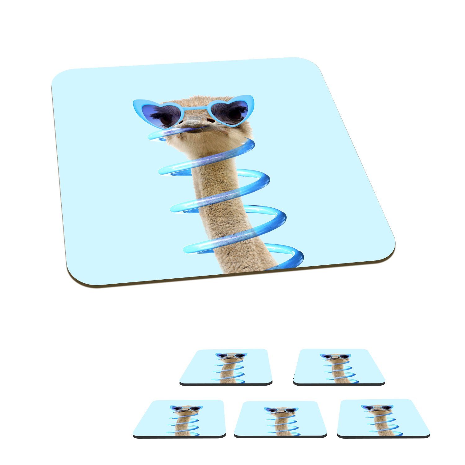 MuchoWow Glasuntersetzer Strauß - Sonnenbrille - Blau - Tiere, Zubehör für Gläser, 6-tlg., Glasuntersetzer, Tischuntersetzer, Korkuntersetzer, Untersetzer, Tasse