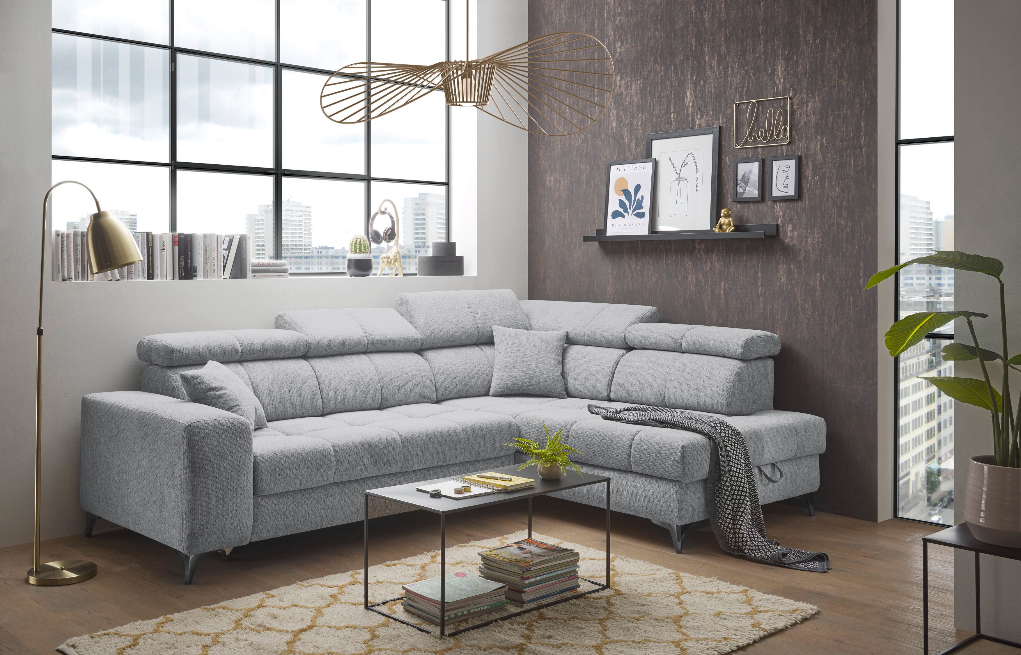 ED EXCITING DESIGN Ecksofa Sydney L-Form, mit Bettfunktion, Bettkasten, Kopfteilverstellung & 2 Zierkissen