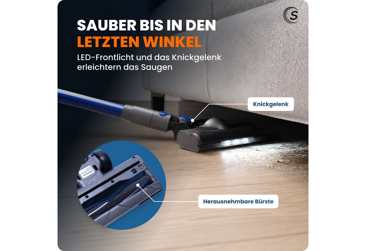 Sommertal Akku-Handstaubsauger Akku Staubsauger VARIO150 3-Stufen Turbosauger mit 45min Laufzeit, für 300m² Teppich Hartböden Tierhaare LED Akkustaubsauger