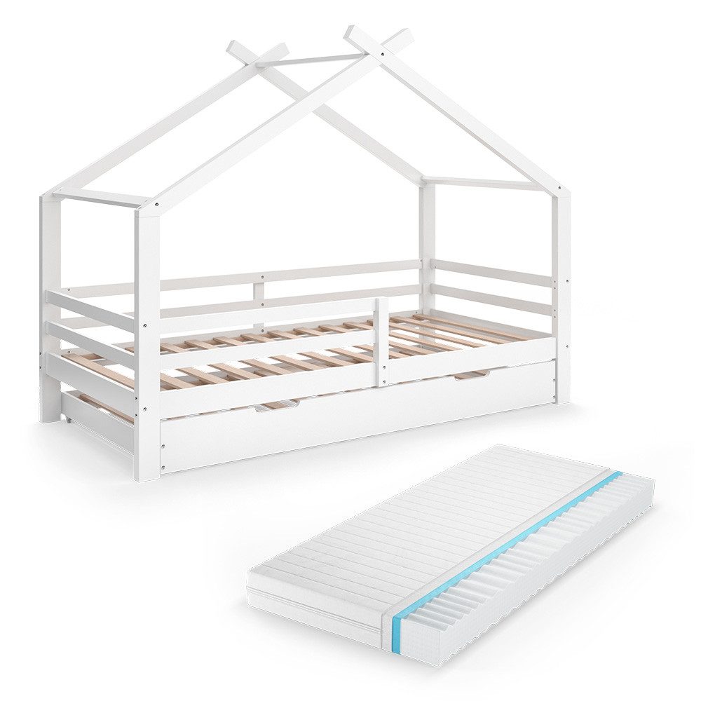 VitaliSpa® Luni House Bed, White, 200 x 90 cm with Guest Bed and Mattress (1-piece)