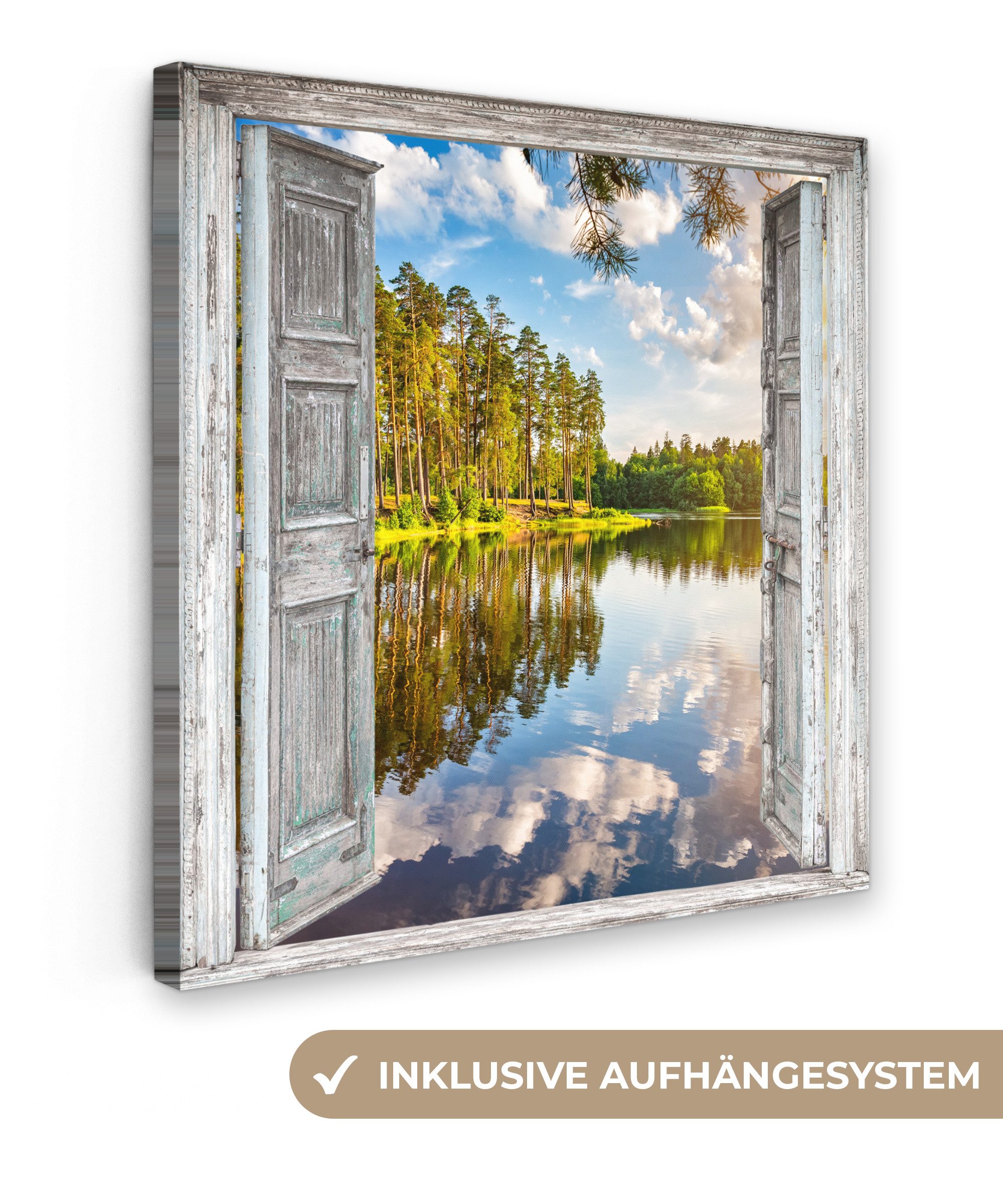 OneMillionCanvasses® Leinwandbild Wasser - Landschaft - Fenster - Aussicht, Fotodruck (1 St), Wandbild, Deko Schlafzimmer Wohnzimmer Flur 20x20 cm
